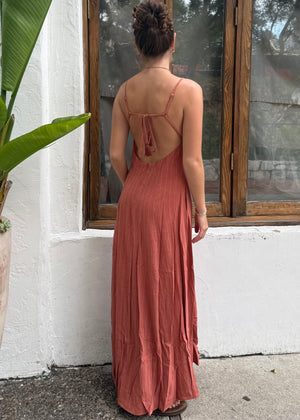 Linen Striped Open Back Maxi Dress