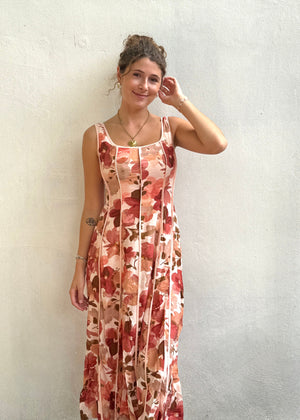 Floral Print Tank Midi Dress with Vertical Piping