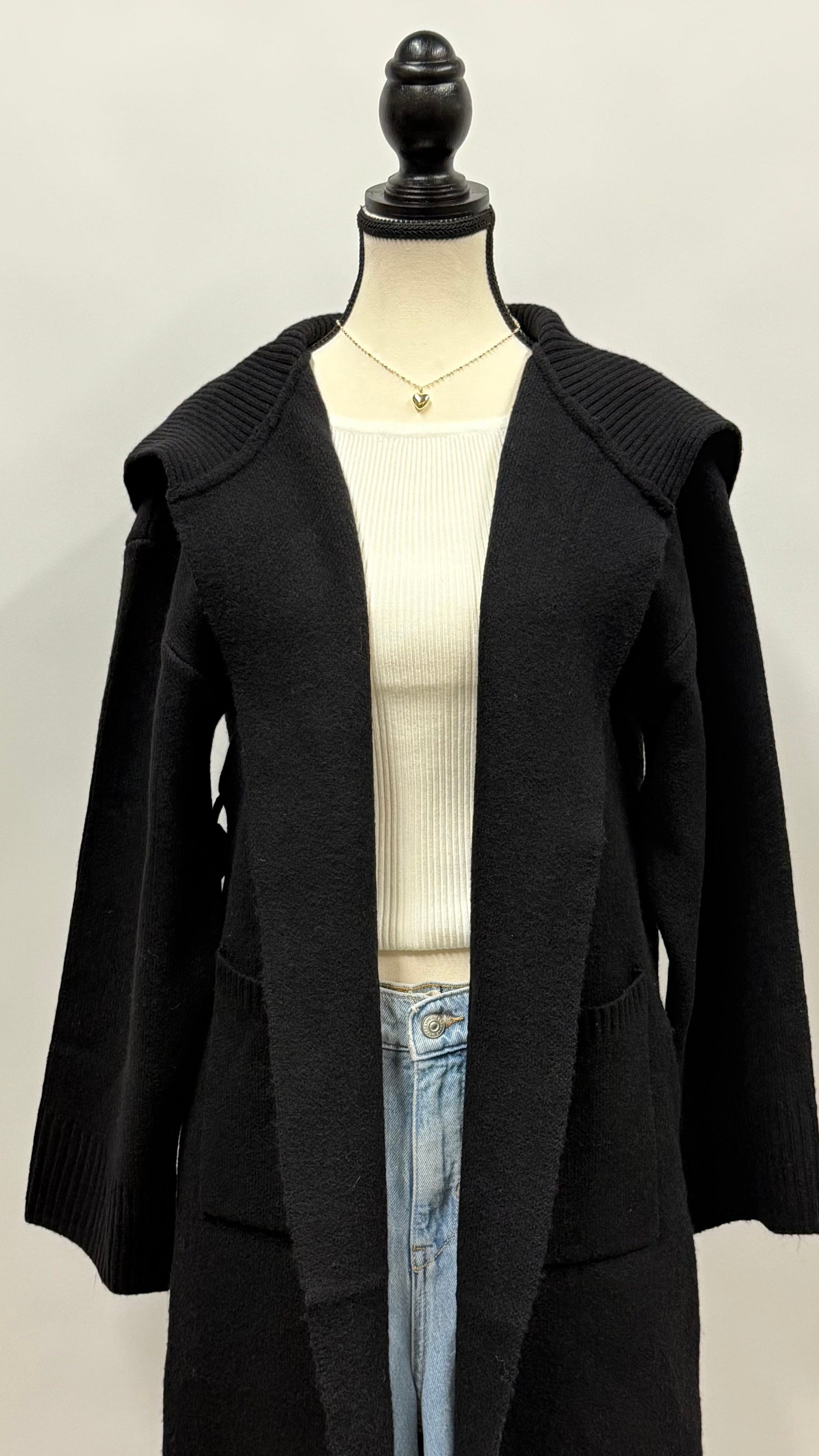 Coatigan with Floppy Ribbed Collar and Pockets Black