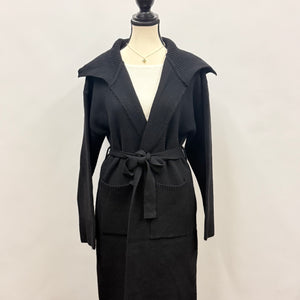 Coatigan with Floppy Ribbed Collar and Pockets Black