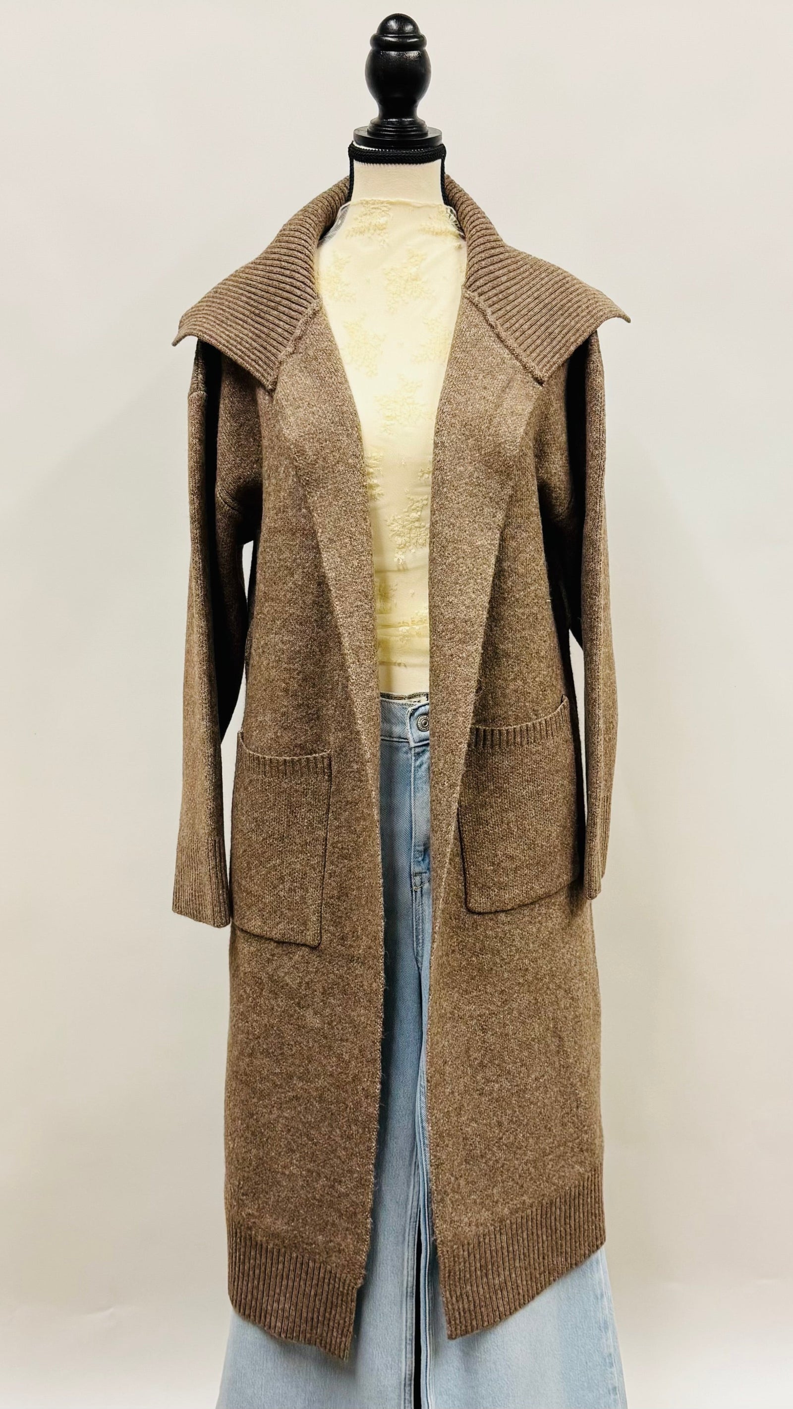 Long Coatagin with Floppy Ribbed Collar Brown