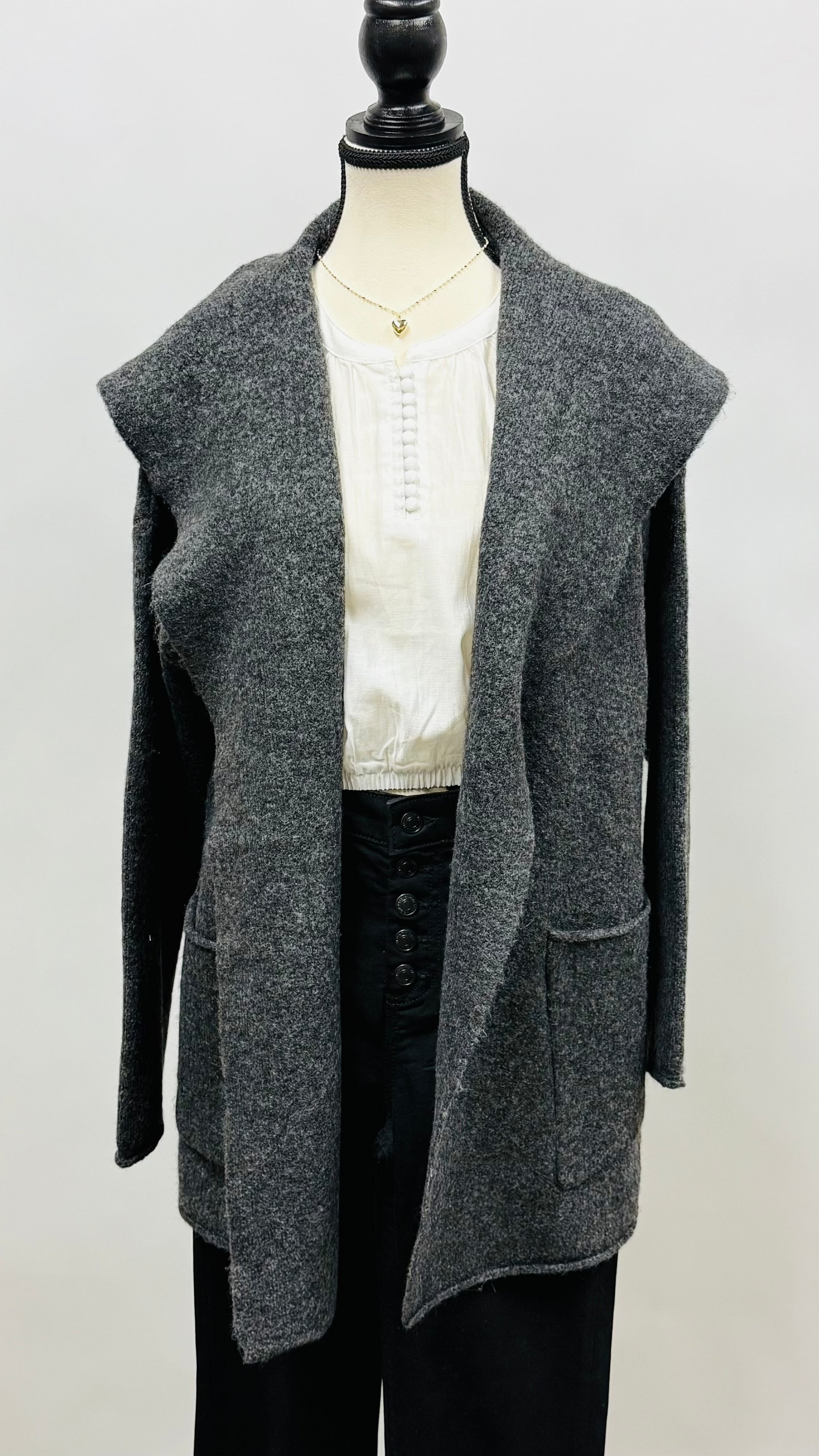 Long Cardigan with Hood and Pockets Charcoal
