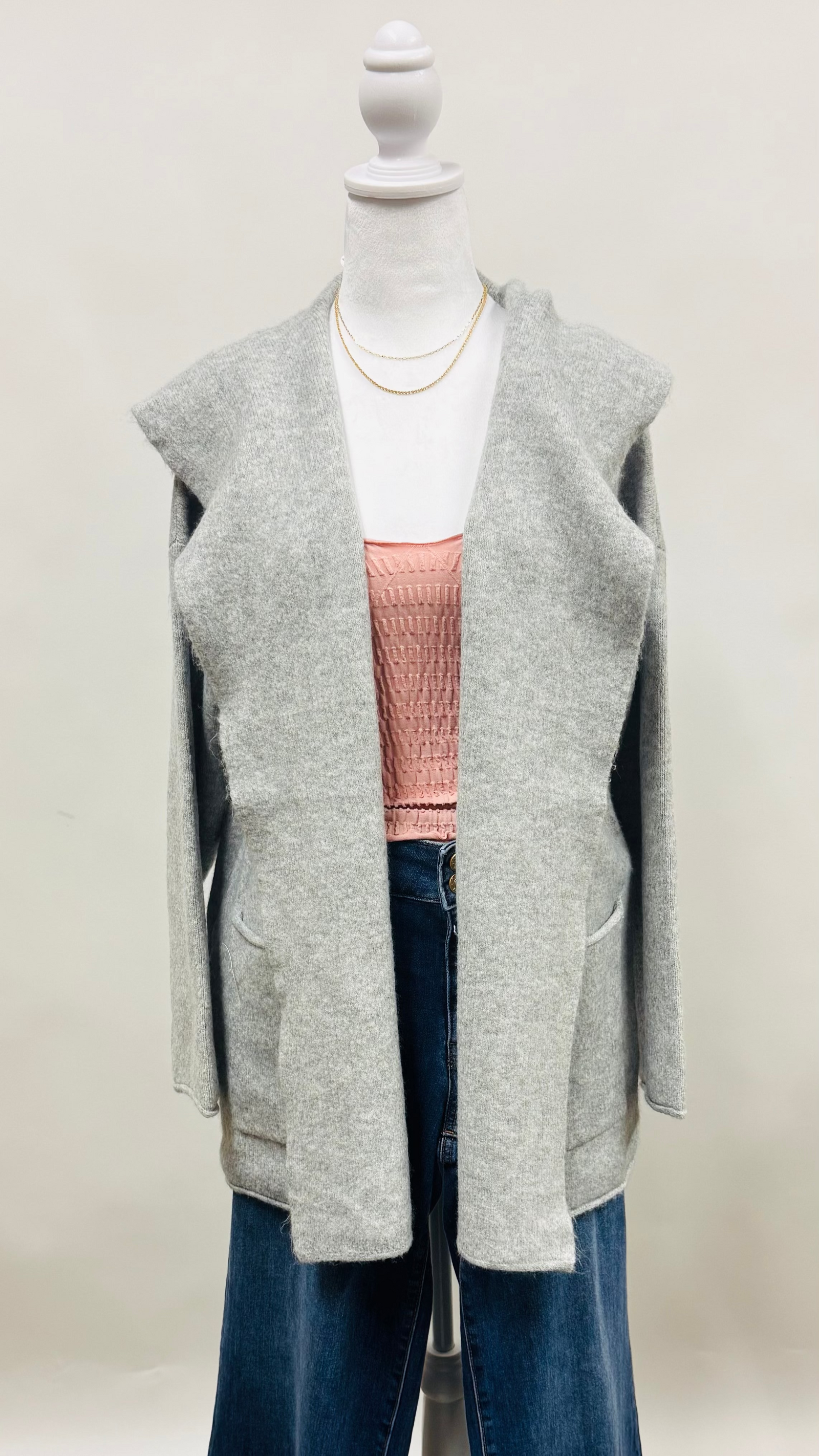Long Cardigan with Hood and Pockets Heather Grey