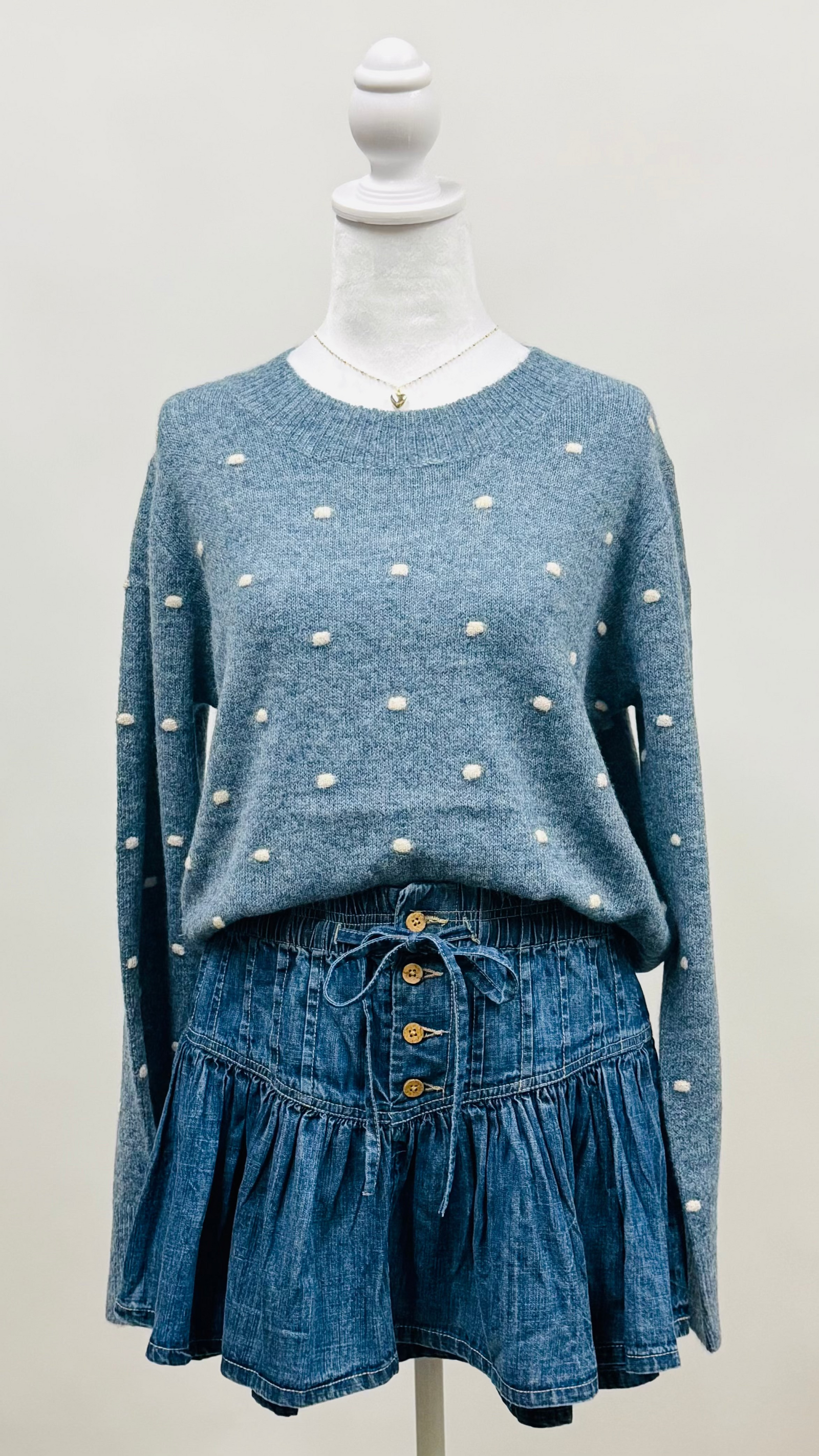 Cozy Dotted Knit Sweater Vintage Blue