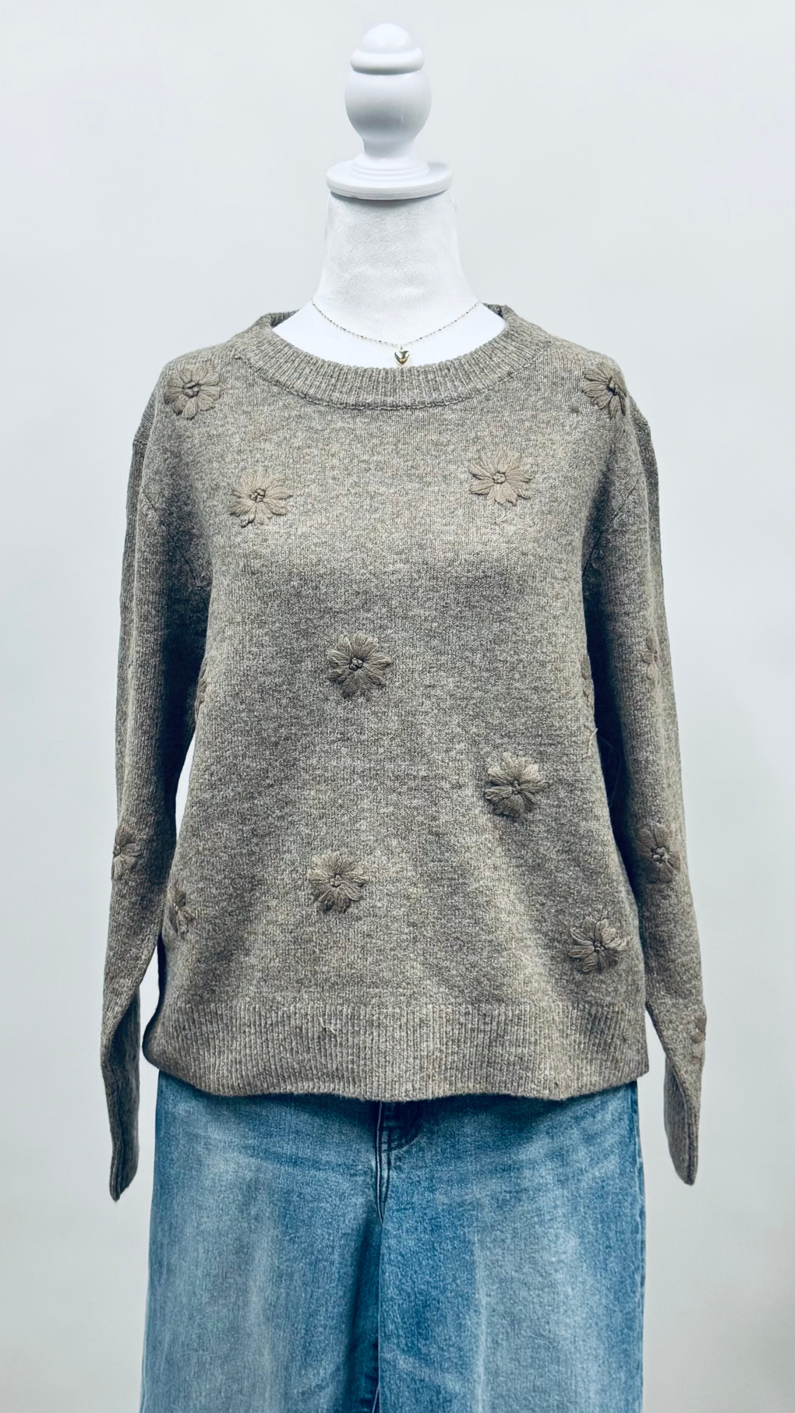 Cozy Sweater with Embroidered Floral Details Mocha