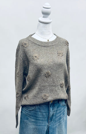 Cozy Sweater with Embroidered Floral Details Mocha