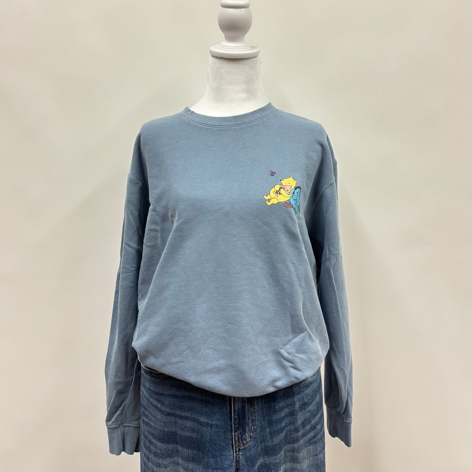 Blue sweatshirt with a graphic design on a mannequin against a beige background