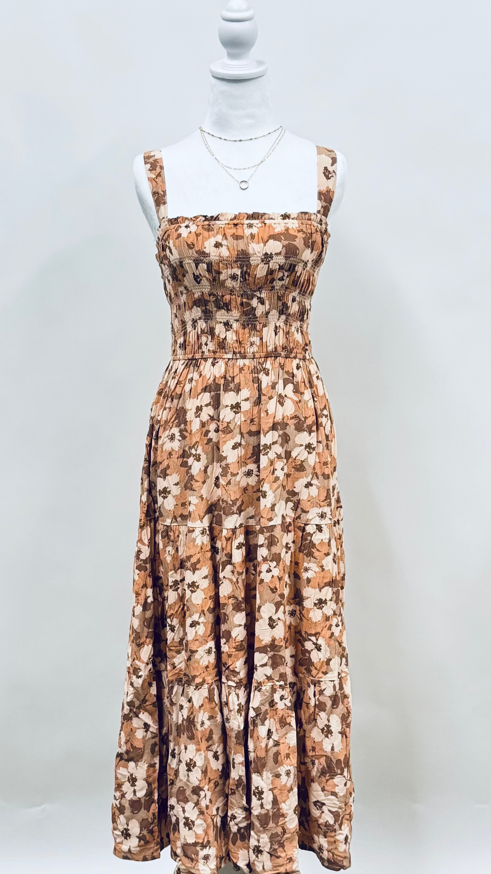 Floral Print Tiered Tank Maxi Dress - Brown