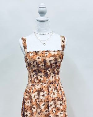 Floral Print Tiered Tank Maxi Dress - Brown
