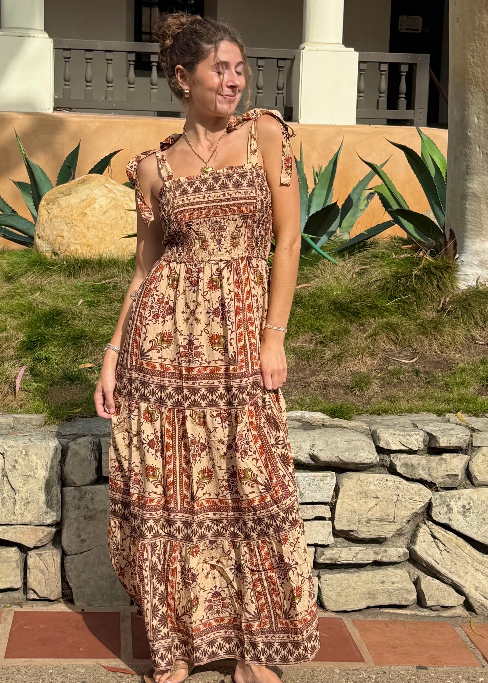 Multi Print Tie Strap Midi Dress