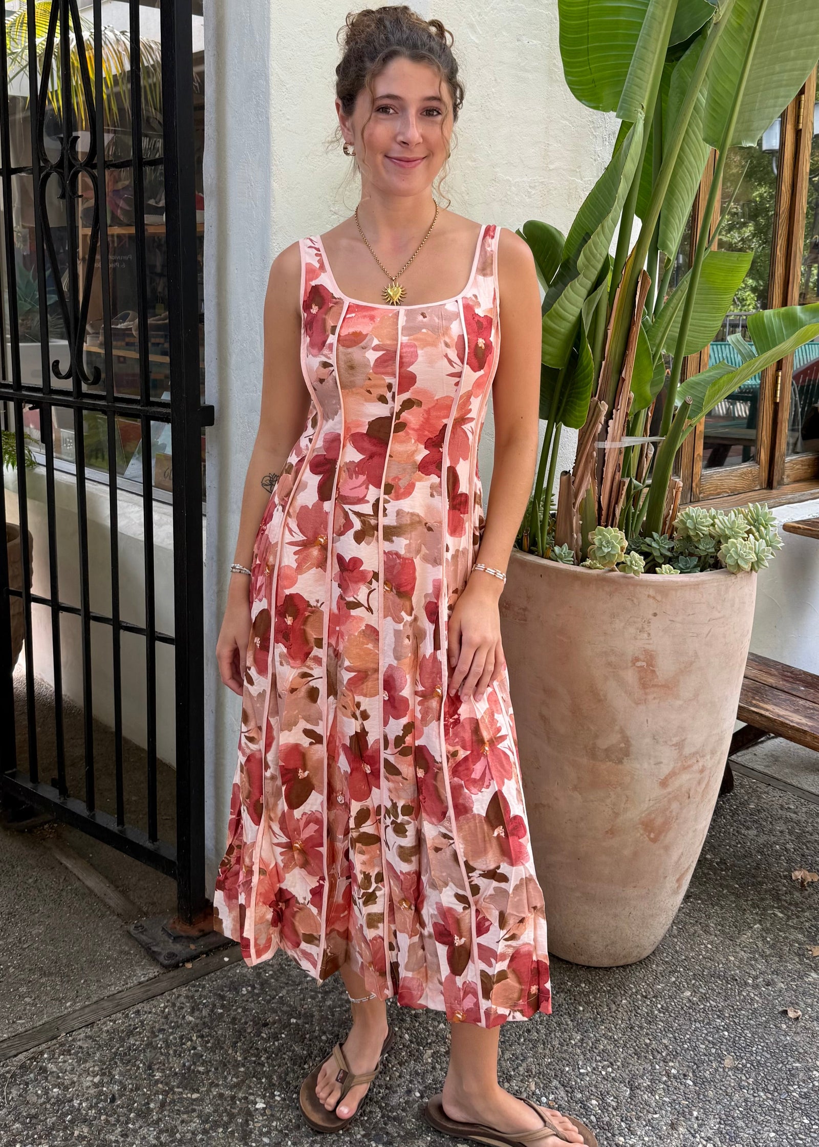 Floral Print Tank Midi Dress with Vertical Piping