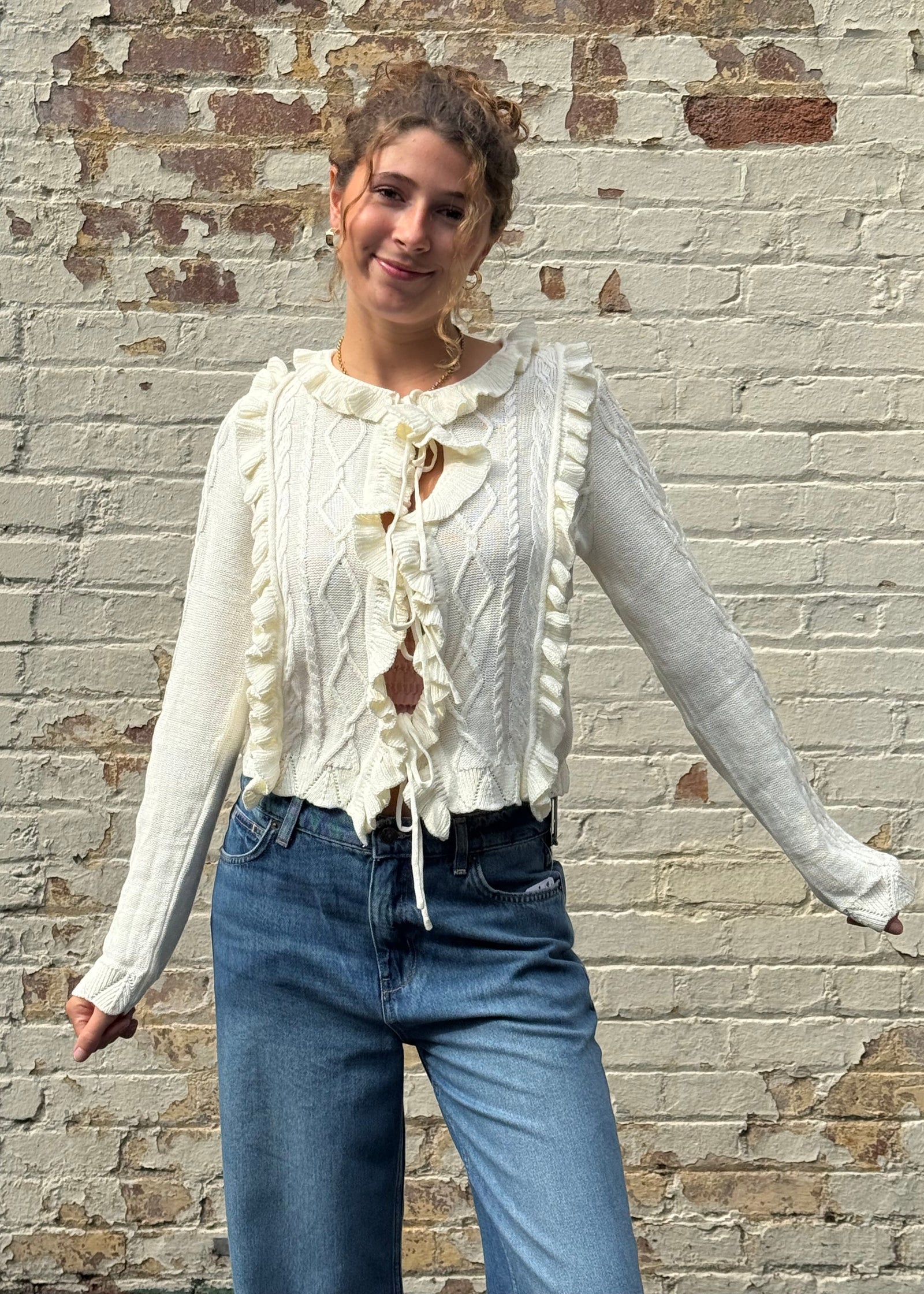 Ivory Ruffle Trim Knit Cardigan Sweater