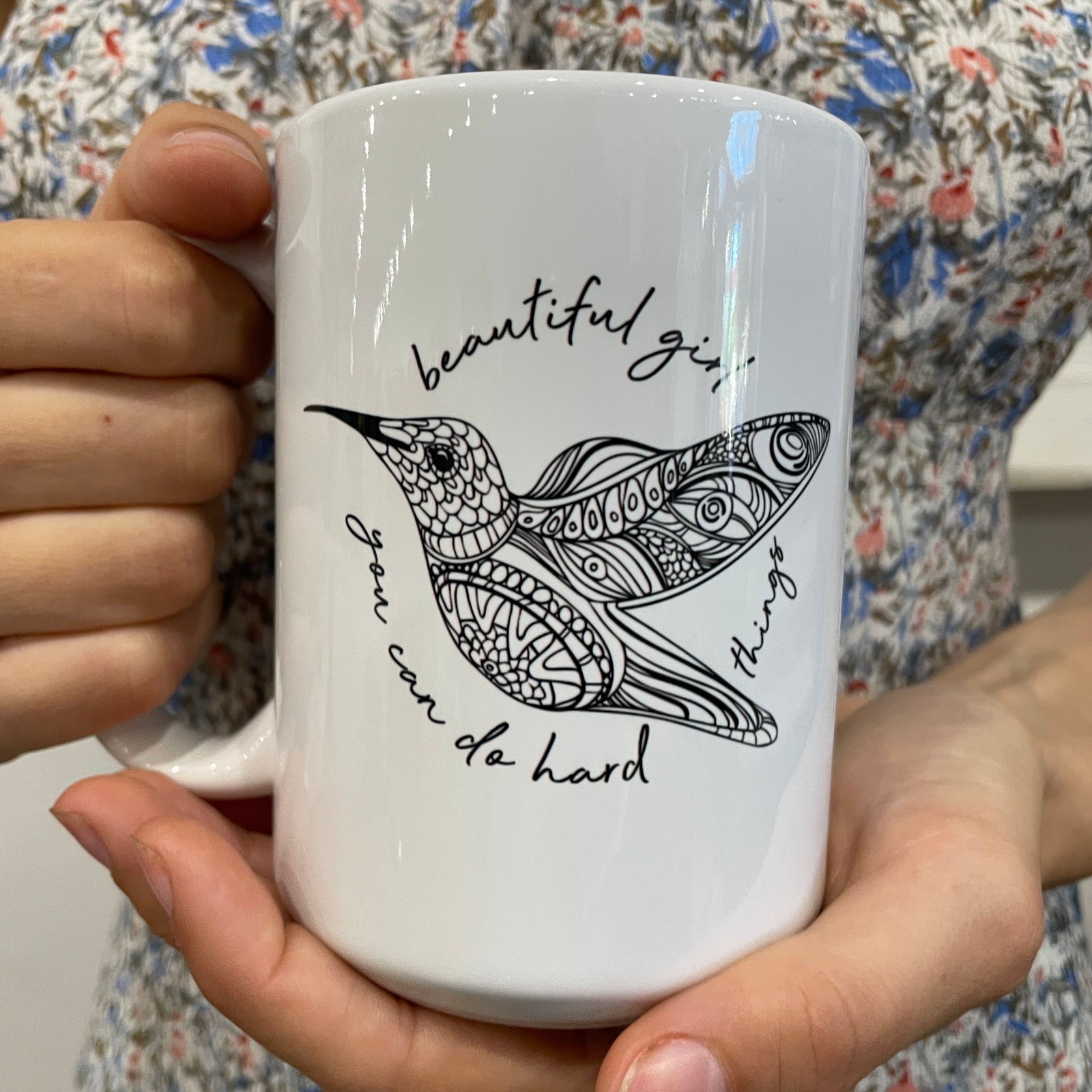 Beautiful girl hummingbird mug