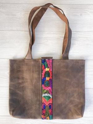 Guatemalan Leather Tote Bag with Colorful Faja Belt Detail