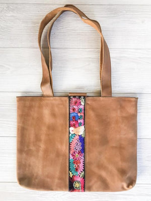 Guatemalan Tan Leather Tote Bag with Colorful Faja Belt Detail