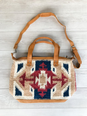 Guatemalan Wool Bag with Colors Red, Blue and Brown Geometric Pattern