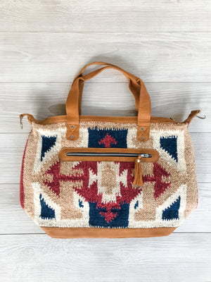 Guatemalan Wool Bag with Colors Red, Blue and Brown Geometric Pattern